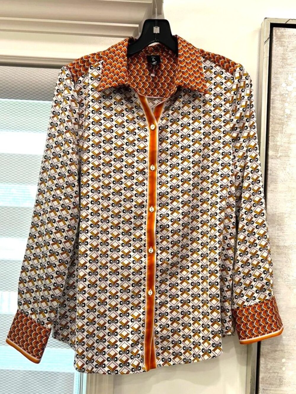 Casual Women's Geometric Button-Down Blouse Shirt - Brown/White/Orange - Picture 6 of 8